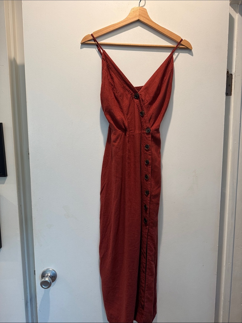 Urban Outfitters Rusty Red Button-Down Spaghetti-Strap Midi Dress